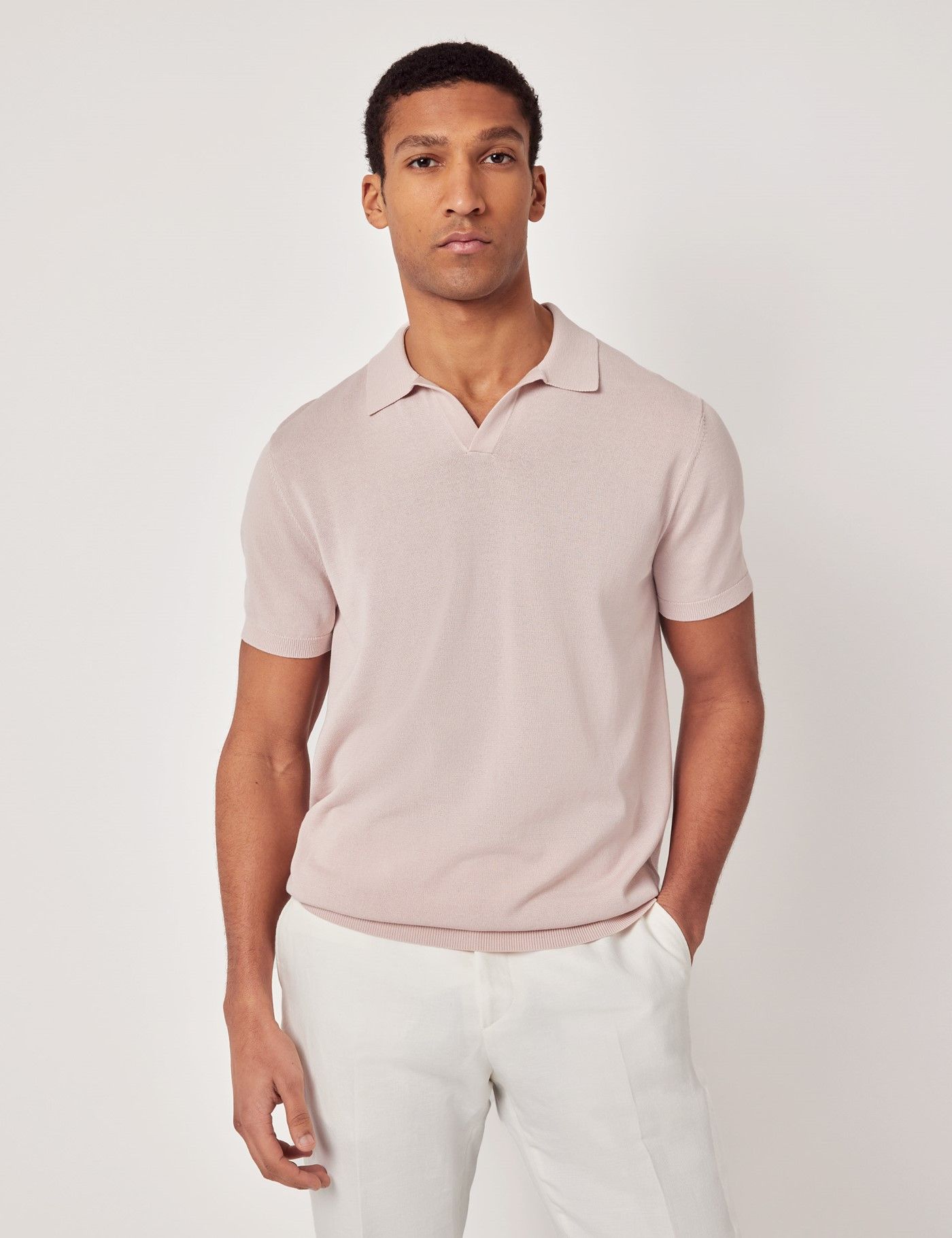 Men's Dusky Pink Open Collar Knitted Cotton Polo Shirt