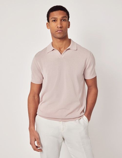 Dusky Pink Open Collar Knitted Cotton Polo Shirt – Short Sleeve