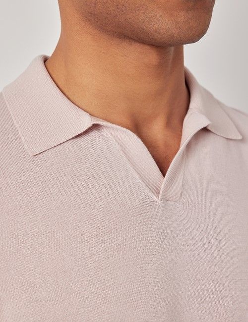 Dusky Pink Open Collar Knitted Cotton Polo Shirt – Short Sleeve-preview
