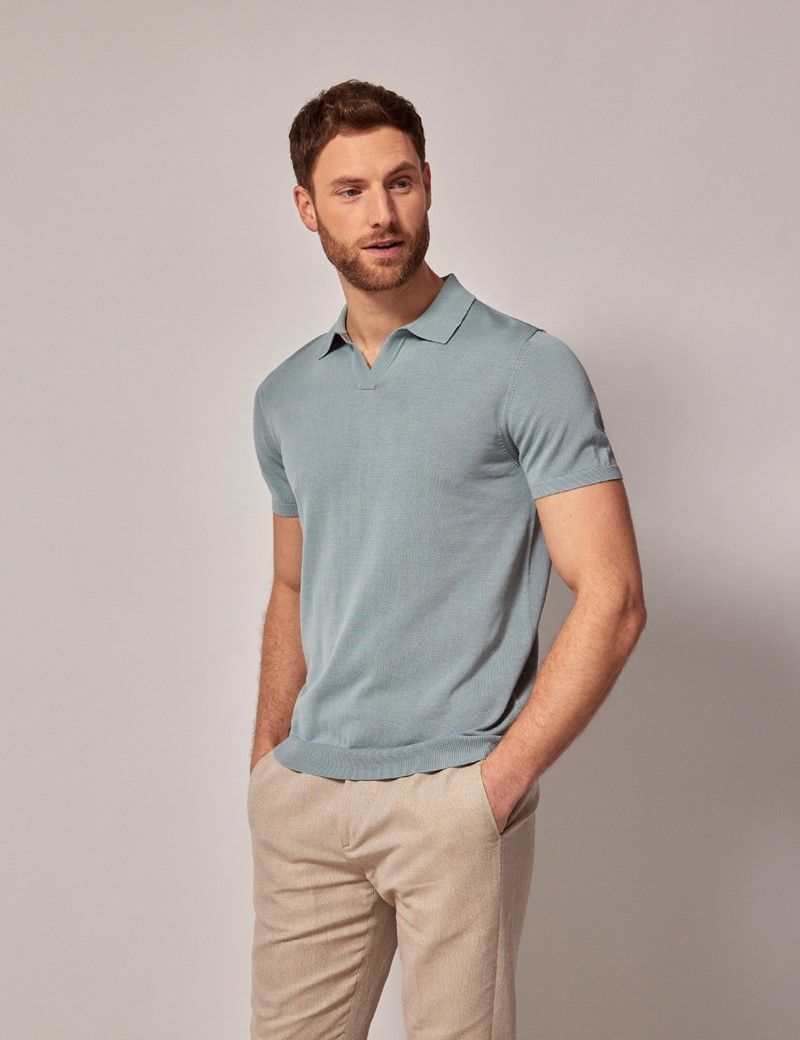 Men's Sea Green Open Collar Knitted Cotton Polo Shirt – Short Sleeve ...