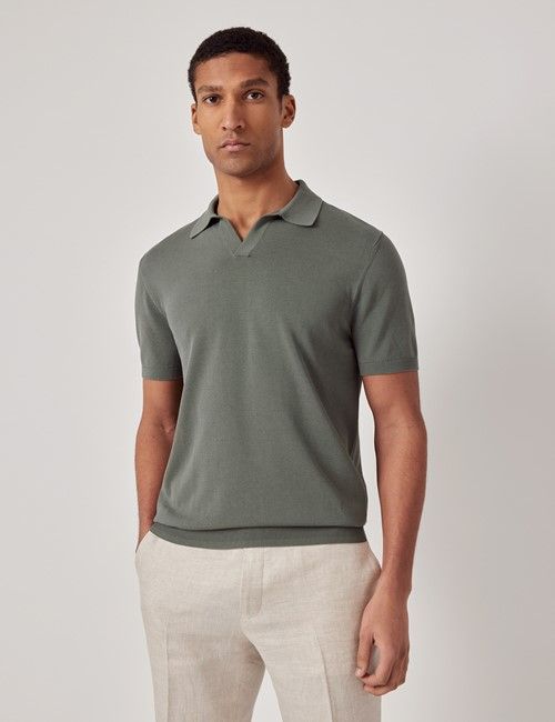 Dark Sage Collar Knitted Cotton Polo Shirt – Short Sleeve