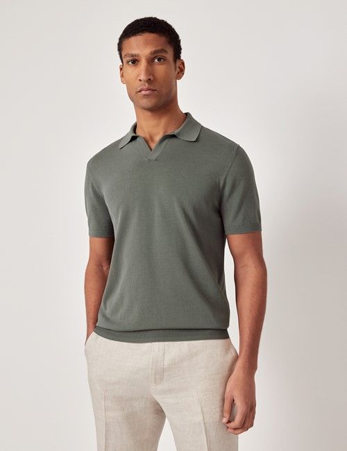 Dark Sage Collar Knitted Cotton Polo Shirt – Short Sleeve