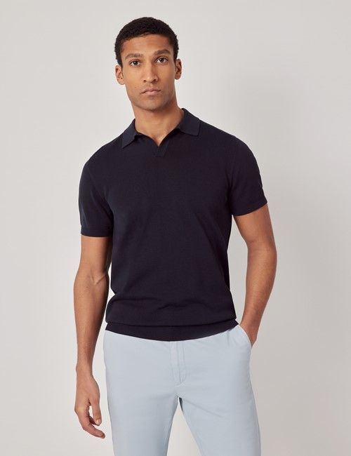 Midnight Navy Collar Knitted Cotton Polo Shirt – Short Sleeve