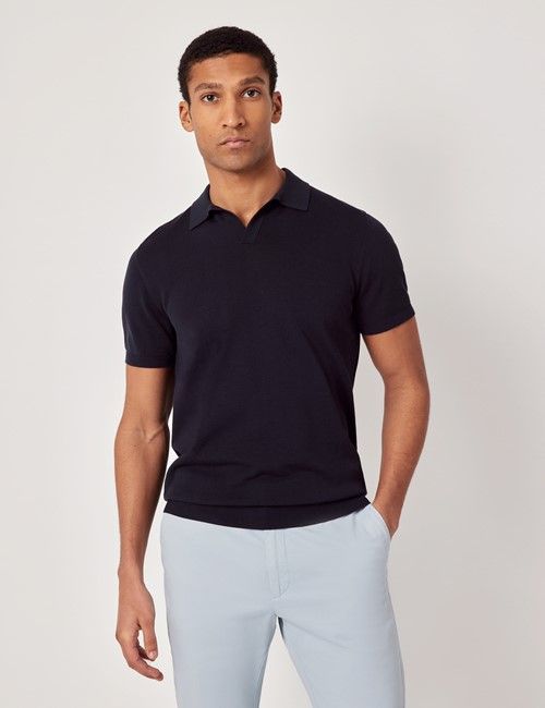 Midnight Navy Collar Knitted Cotton Polo Shirt – Short Sleeve