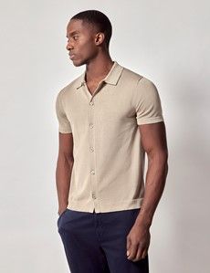 Taupe Button Through Knitted Cotton Polo Shirt - Short Sleeve