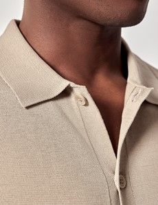 Taupe Button Through Knitted Cotton Polo Shirt - Short Sleeve-preview1