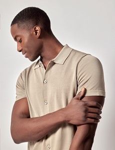 Taupe Button Through Knitted Cotton Polo Shirt - Short Sleeve-preview2