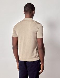 Taupe Button Through Knitted Cotton Polo Shirt - Short Sleeve-preview3