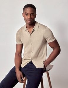 Taupe Button Through Knitted Cotton Polo Shirt - Short Sleeve-preview4