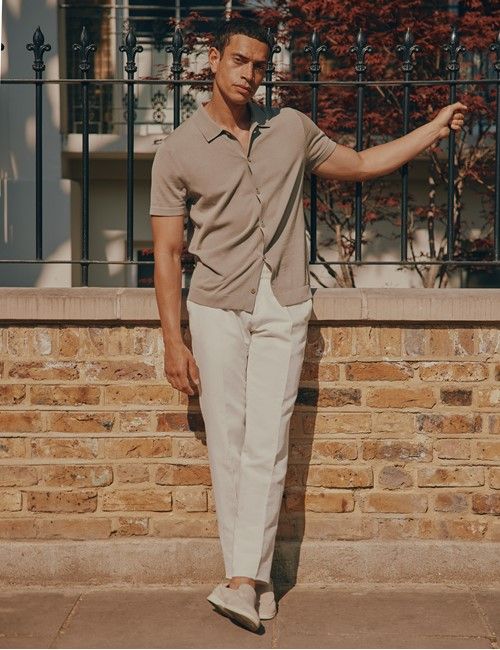 Taupe Button Through Knitted Cotton Polo Shirt - Short Sleeve-preview