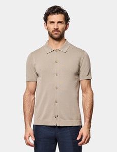 Taupe Premium Button Through Knitted Polo Shirt