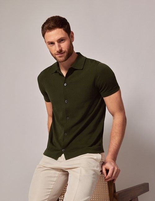 Dark Green Button Through Knitted Cotton Polo Shirt - Short Sleeve