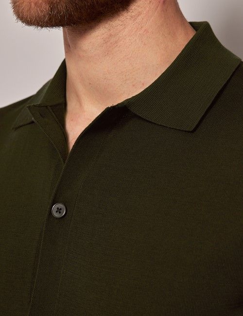 Dark Green Button Through Knitted Cotton Polo Shirt - Short Sleeve-preview