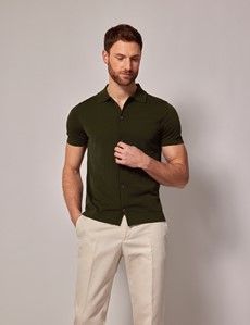 Dark Green Button Through Knitted Cotton Polo Shirt - Short Sleeve-preview2
