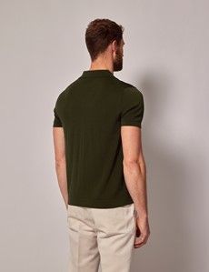 Dark Green Button Through Knitted Cotton Polo Shirt - Short Sleeve-preview3