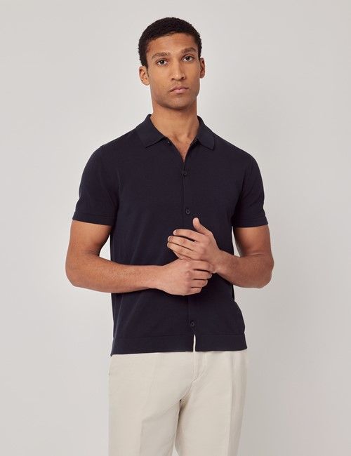 Midnight Navy Button Through Knitted Cotton Polo Shirt - Short Sleeve