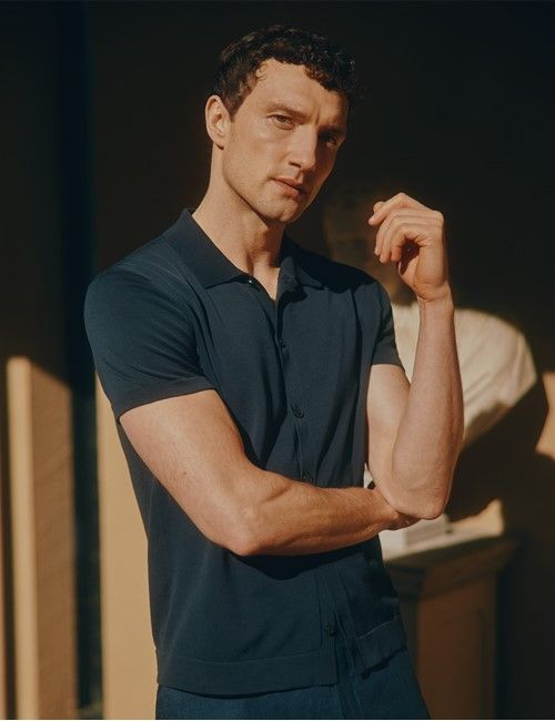 Midnight Navy Button Through Knitted Cotton Polo Shirt - Short Sleeve-preview