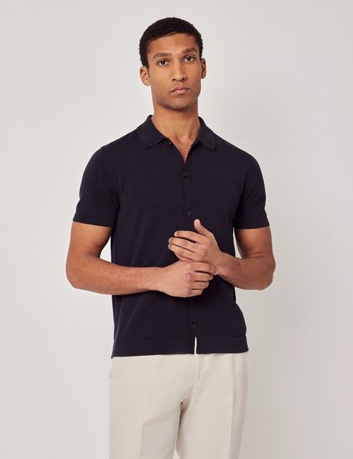 Midnight Navy Button Through Knitted Cotton Polo Shirt - Short Sleeve