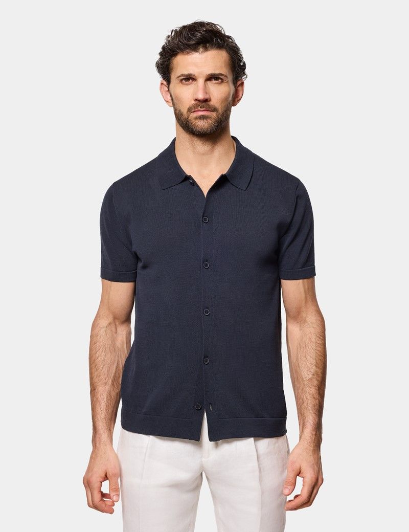 Midnight Navy Premium Button Through Knitted Polo Shirt