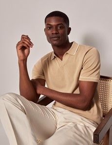 Beige & Cream Open Collar Tipped Knitted Cotton Polo Shirt – Short Sleeve