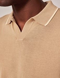 Beige & Cream Open Collar Tipped Knitted Cotton Polo Shirt – Short Sleeve-preview1