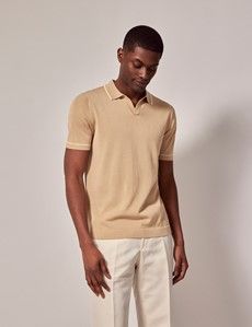 Beige & Cream Open Collar Tipped Knitted Cotton Polo Shirt – Short Sleeve-preview2