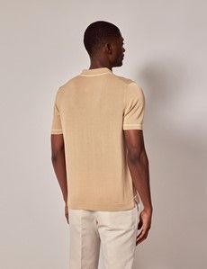 Beige & Cream Open Collar Tipped Knitted Cotton Polo Shirt – Short Sleeve-preview3