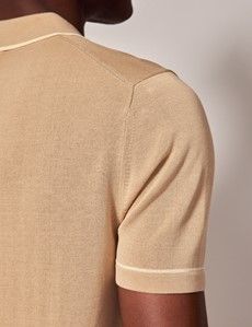 Beige & Cream Open Collar Tipped Knitted Cotton Polo Shirt – Short Sleeve-preview4
