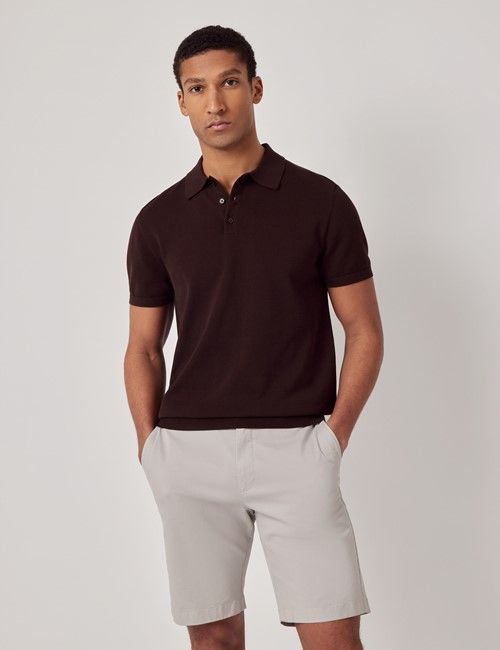Chocolate Knitted Cotton Polo Shirt - Short Sleeve