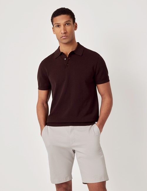 Chocolate Knitted Cotton Polo Shirt - Short Sleeve