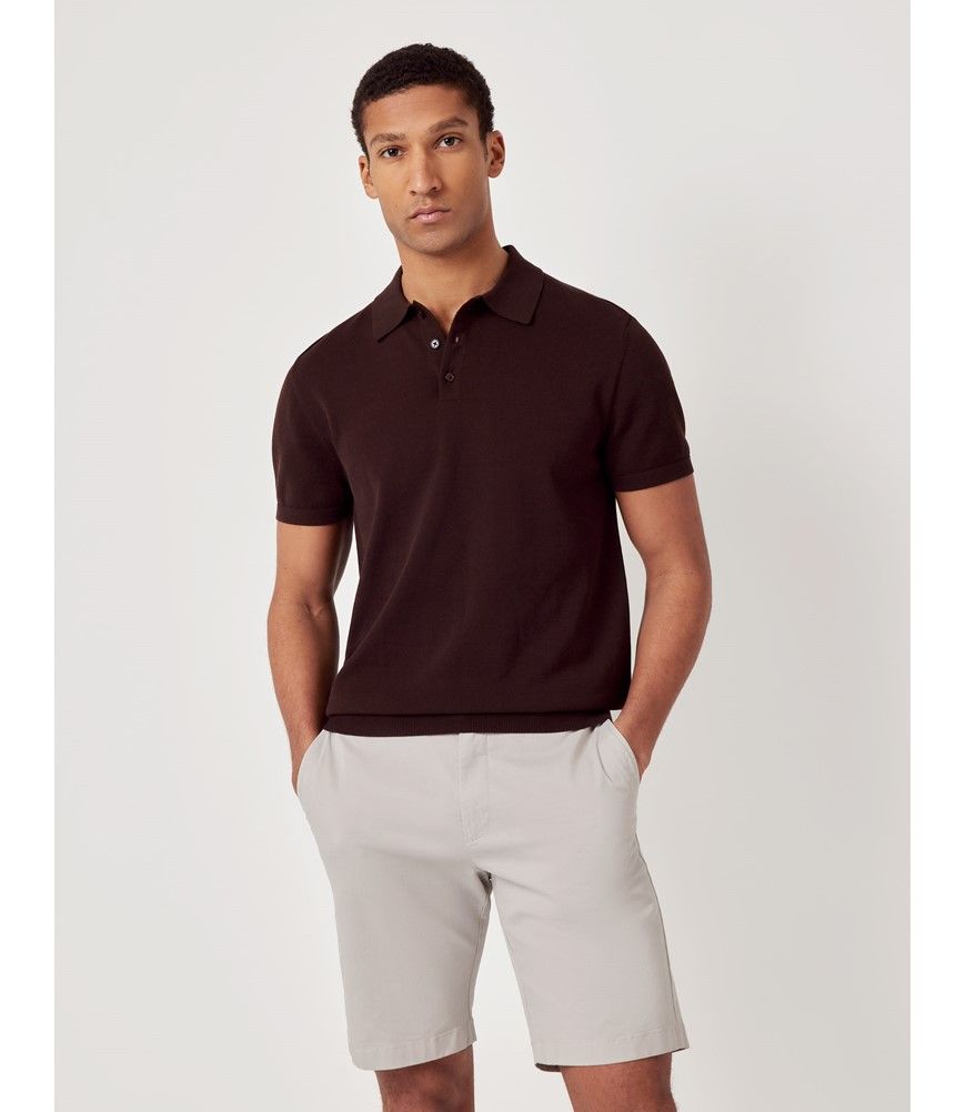 Men's Chocolate Knitted Button Neck Polo Shirt - Short Sleeve