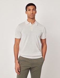 Cream Knitted Cotton Polo Shirt - Short Sleeve