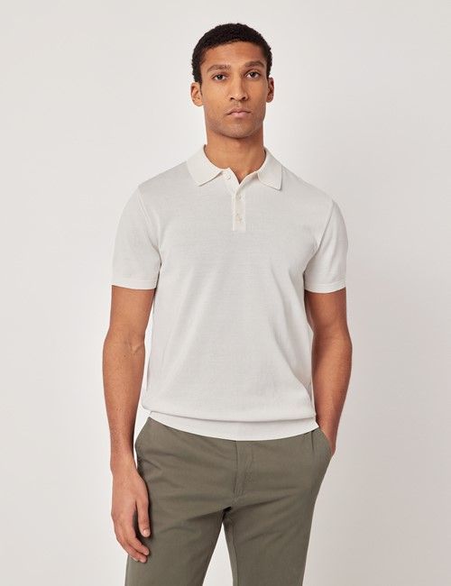Cream Knitted Cotton Polo Shirt - Short Sleeve