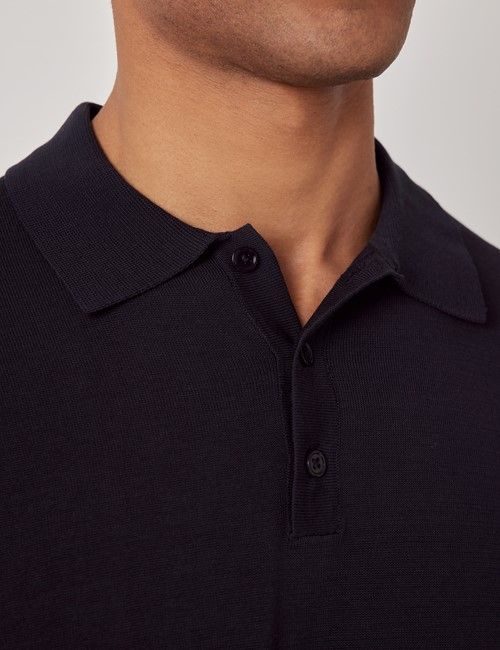 Midnight Navy Knitted Cotton Polo Shirt - Short Sleeve-preview