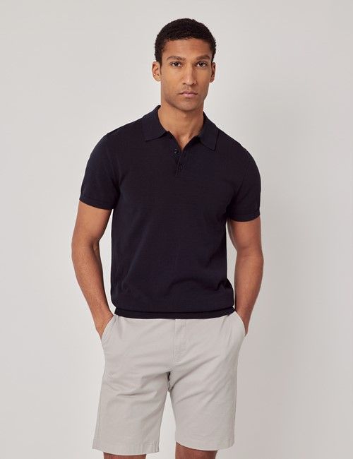 Midnight Navy Knitted Cotton Polo Shirt - Short Sleeve
