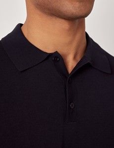 Midnight Navy Knitted Cotton Polo Shirt - Short Sleeve-preview1