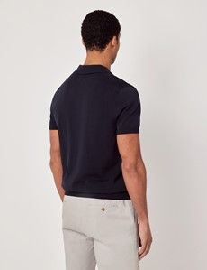 Midnight Navy Knitted Cotton Polo Shirt - Short Sleeve-preview3