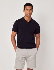 Midnight Navy Knitted Cotton Polo Shirt - Short Sleeve