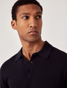 Midnight Navy Knitted Cotton Polo Shirt - Short Sleeve-preview2