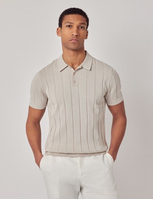 Light Taupe Inverted Rib Knitted Polo Shirt - Short Sleeve