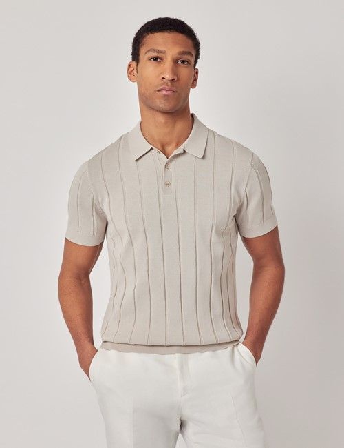 Light Taupe Inverted Rib Knitted Polo Shirt - Short Sleeve