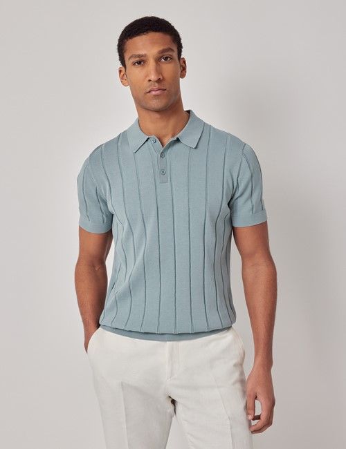 Light Petrol Inverted Rib Knitted Polo Shirt - Short Sleeve