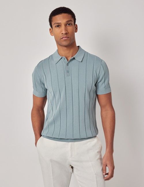 Light Petrol Inverted Rib Knitted Polo Shirt - Short Sleeve