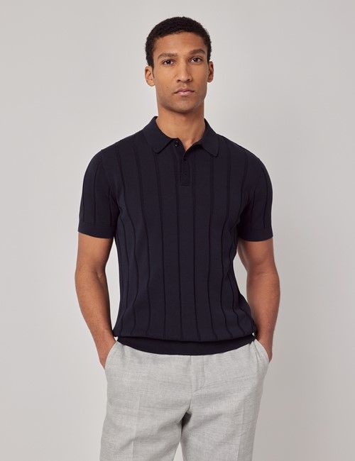Midnight Navy Inverted Rib Knitted Polo Shirt - Short Sleeve