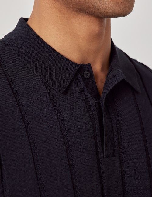 Midnight Navy Inverted Rib Knitted Polo Shirt - Short Sleeve-preview