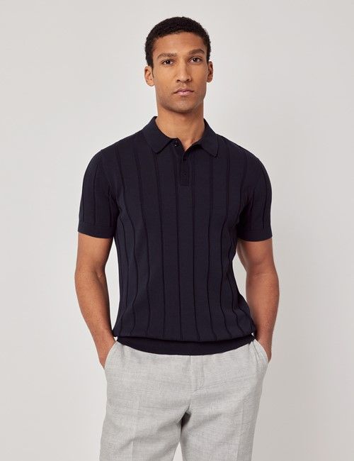 Midnight Navy Inverted Rib Knitted Polo Shirt - Short Sleeve