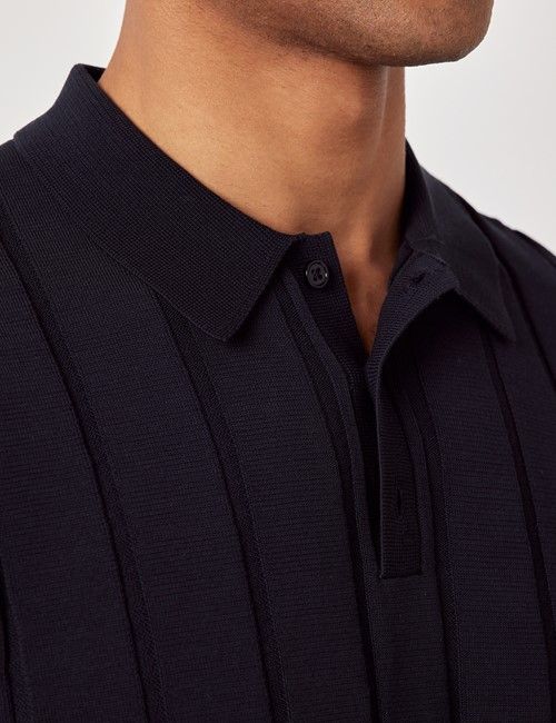 Midnight Navy Inverted Rib Knitted Polo Shirt - Short Sleeve-preview