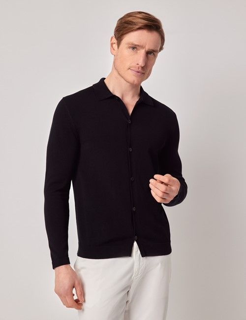 Black Button Through Knitted Cotton Polo Shirt – Long Sleeve