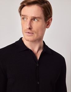 Black Button Through Knitted Cotton Polo Shirt – Long Sleeve-preview2