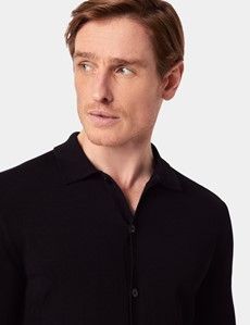 Black Button Through Knitted Cotton Polo Shirt – Long Sleeve-preview2